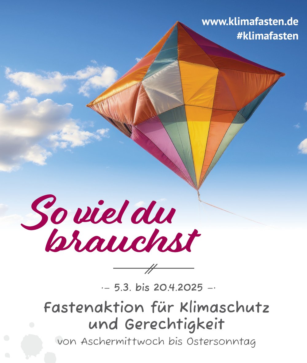 Klimafasten 2025 - Plakat (c) Gestaltung: A. Rusch / dieprojektoren.de; Foto: Adobe.com/Sebastian; Grafik: freepik.com