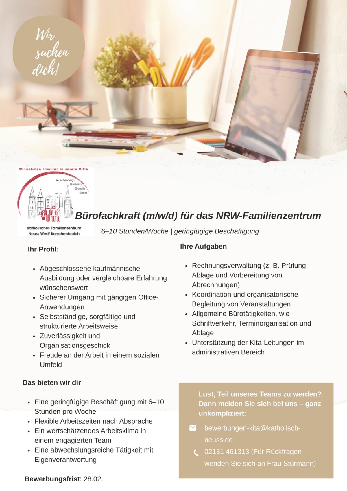 Stellenausschreibung: Bürofachkraft (m/w/d) für das NRW-Familienzentrum (c) Katholischer Kirchengemeindeverband Neuss-West / Korschenbroich