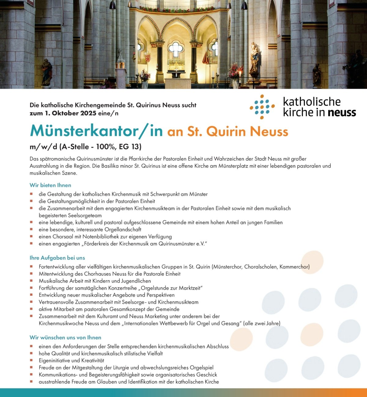 Stellenausschreibung: Münsterkantor/-in an St. Quirin Neuss (Rand) (c) Katholische Kirche in Neuss