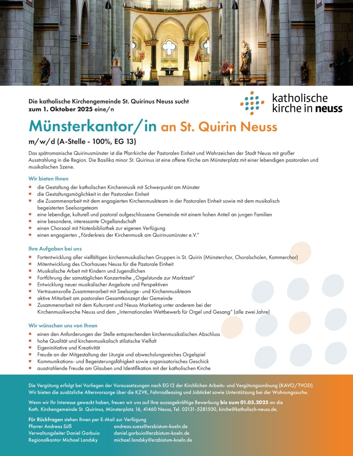Stellenausschreibung: Münsterkantor/-in an St. Quirin Neuss (c) Katholische Kirche in Neuss