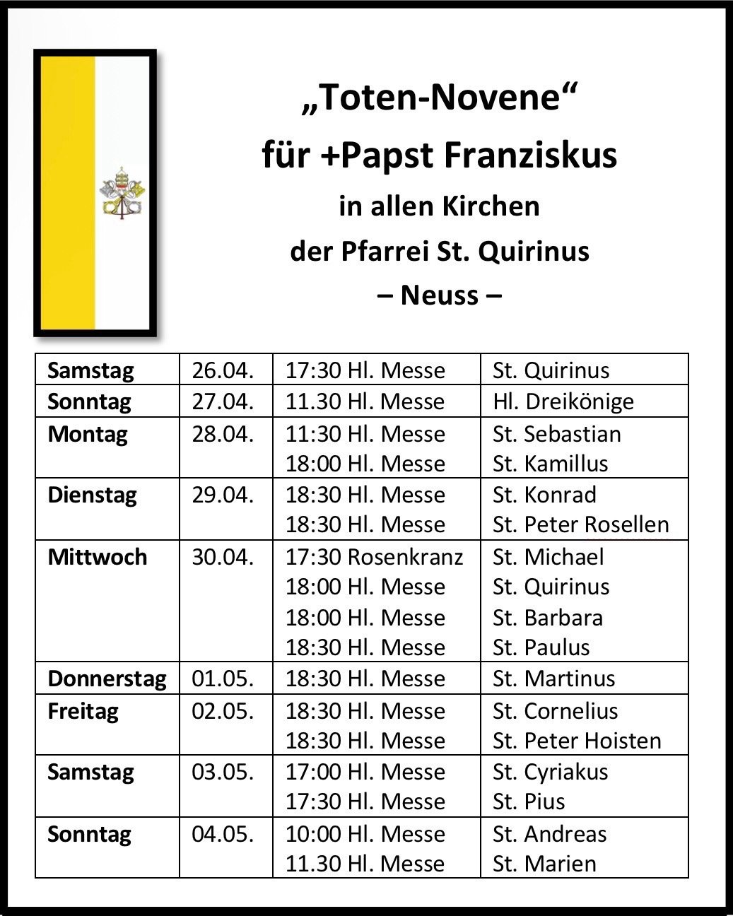 „Toten-Novene“ für +Papst Franziskus in allen Kirchen der Pfarrei St. Quirinus, Neuss (c) Katholische Kirche in Neuss