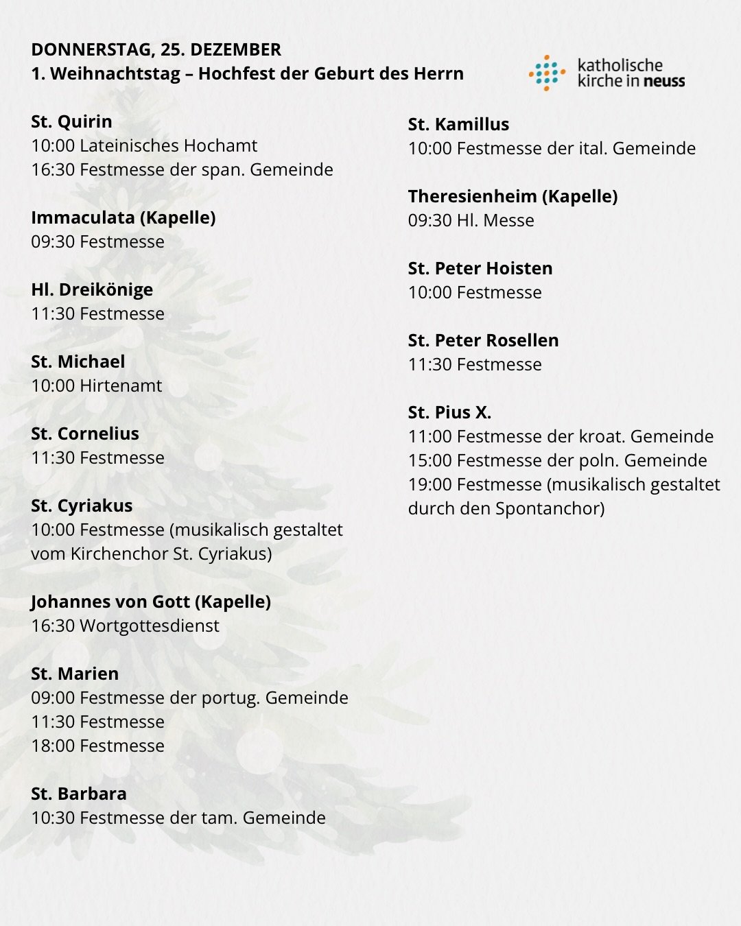 Weihnachtsgottesdienste - 25.12.2025 (c) Katholische Kirche in Neuss