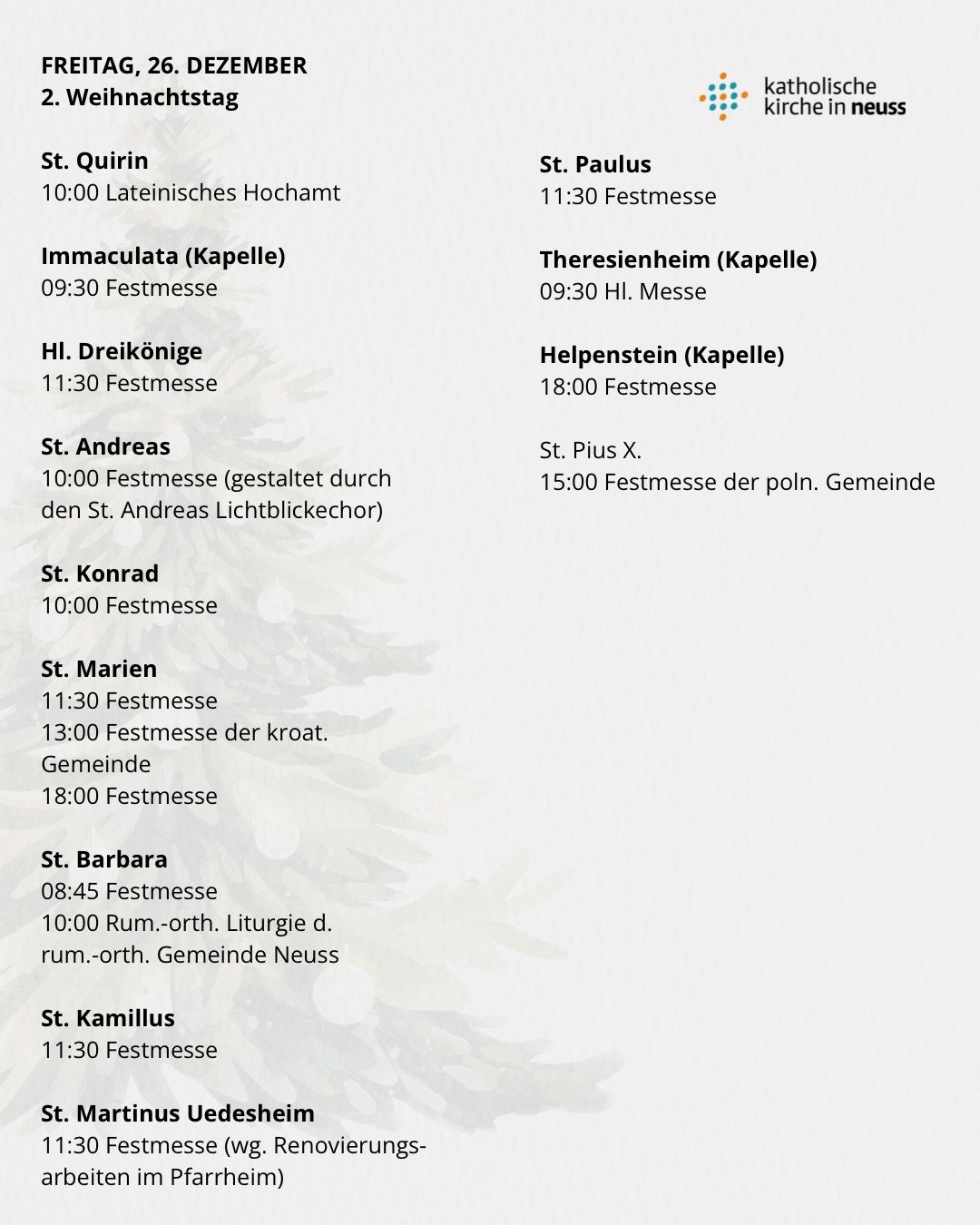Weihnachtsgottesdienste - 26.12.2025 (c) Katholische Kirche in Neuss