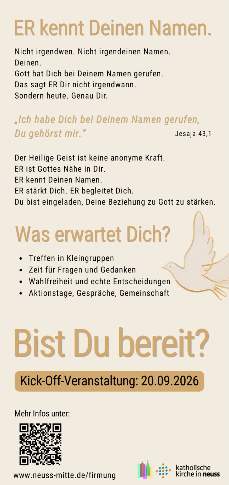 Firmvorbereitung 2026/27 – Er kennt deinen Namen. Kick-Off-Veranstaltung am 20.09.2026 (c) Katholische Kirche in Neuss
