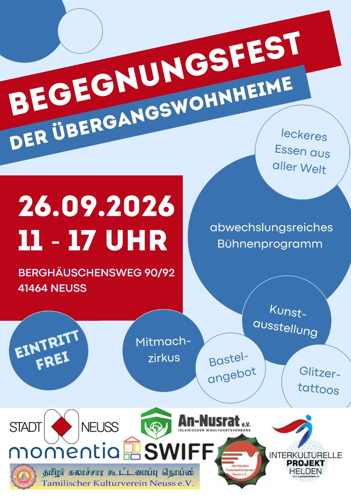 Begegnungsfest der Übergangswohnheime am 26.09.2026 - Plakat (c) Stadt Neuss